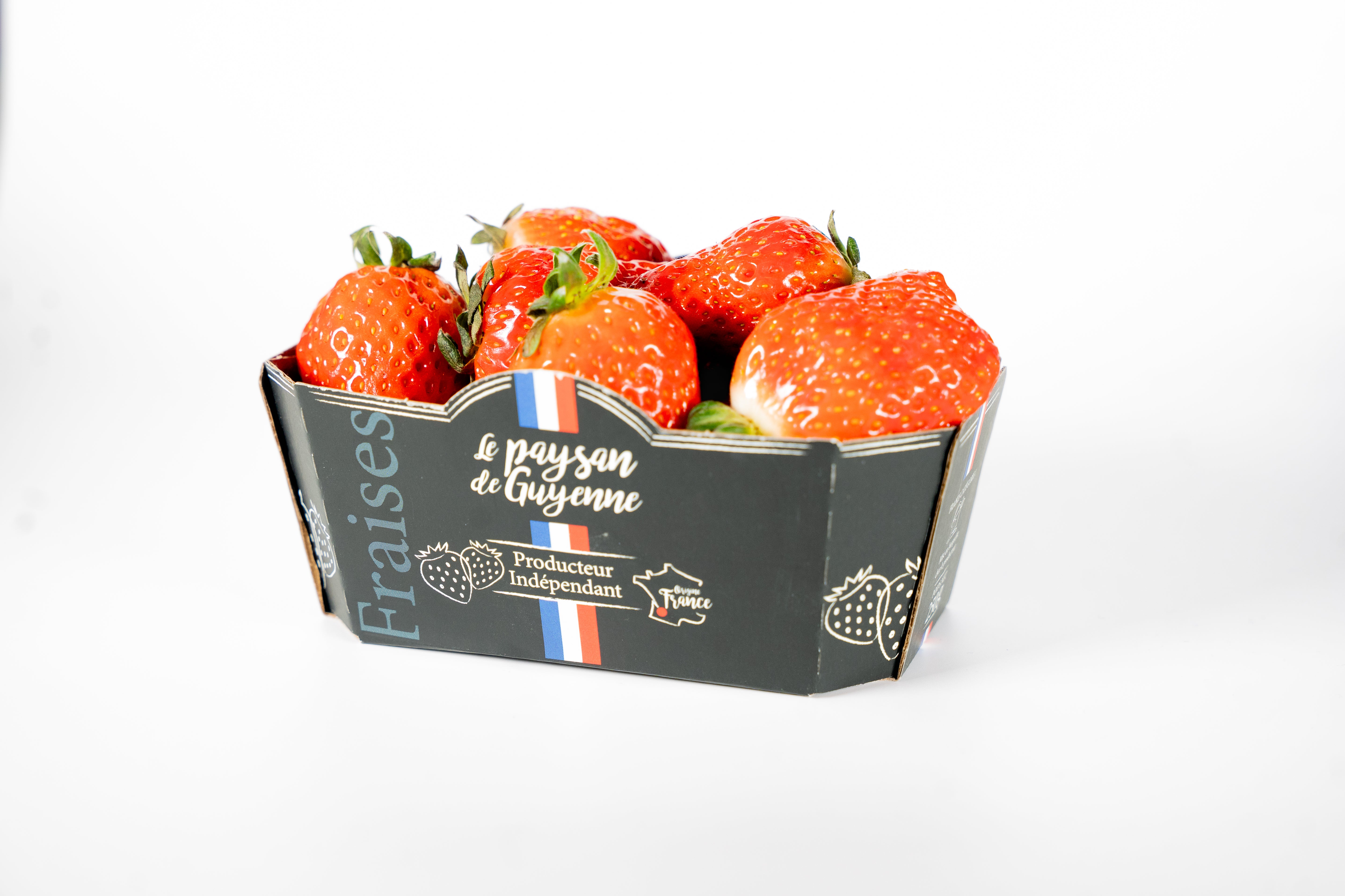 Vue de face barquette de fruits en carton personnalisée Le Paysan de Guyenne par marcojea.