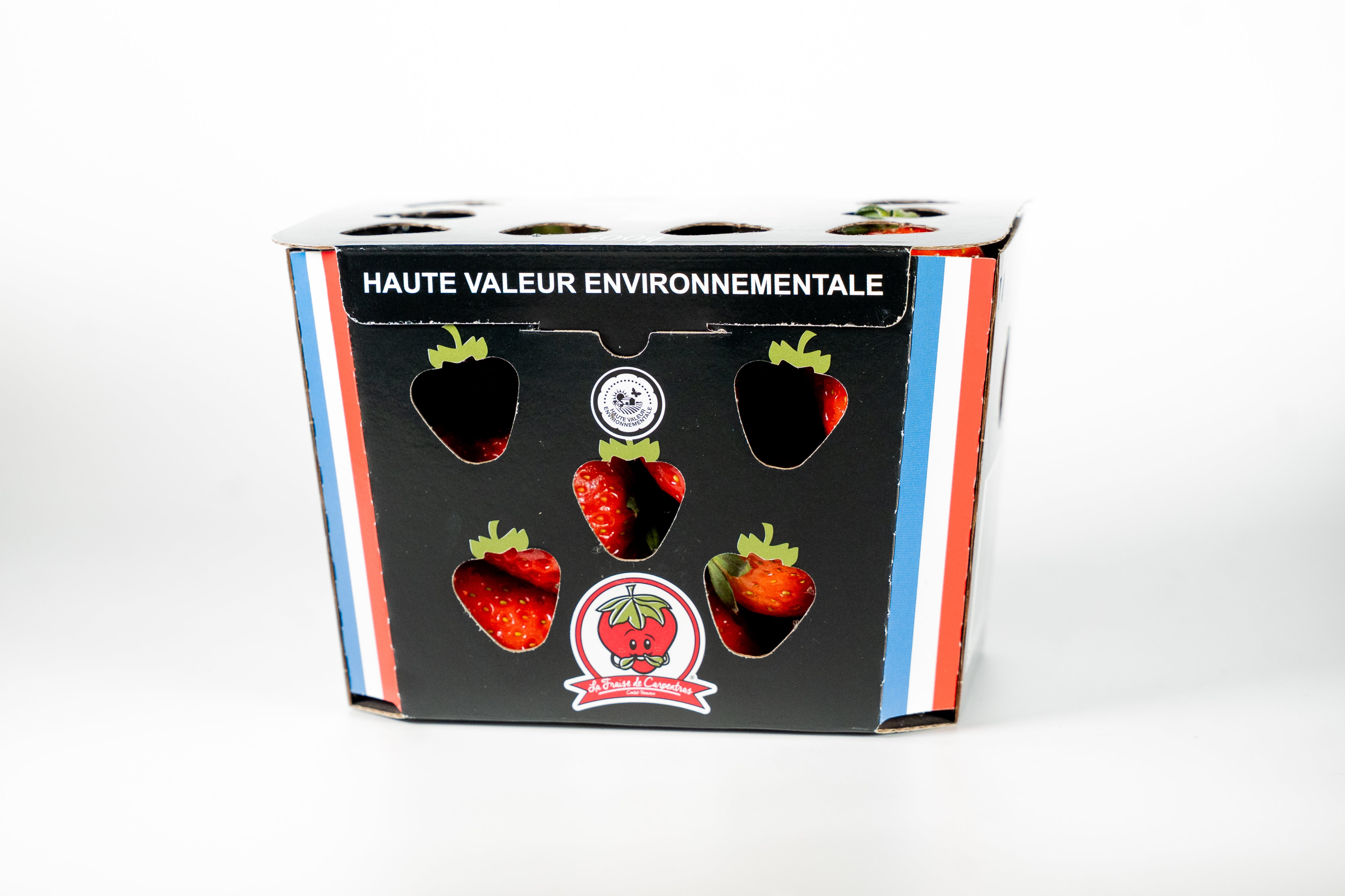 Vue de face barquette en carton personnalisée "Fraises de carpentras" par marcojea.