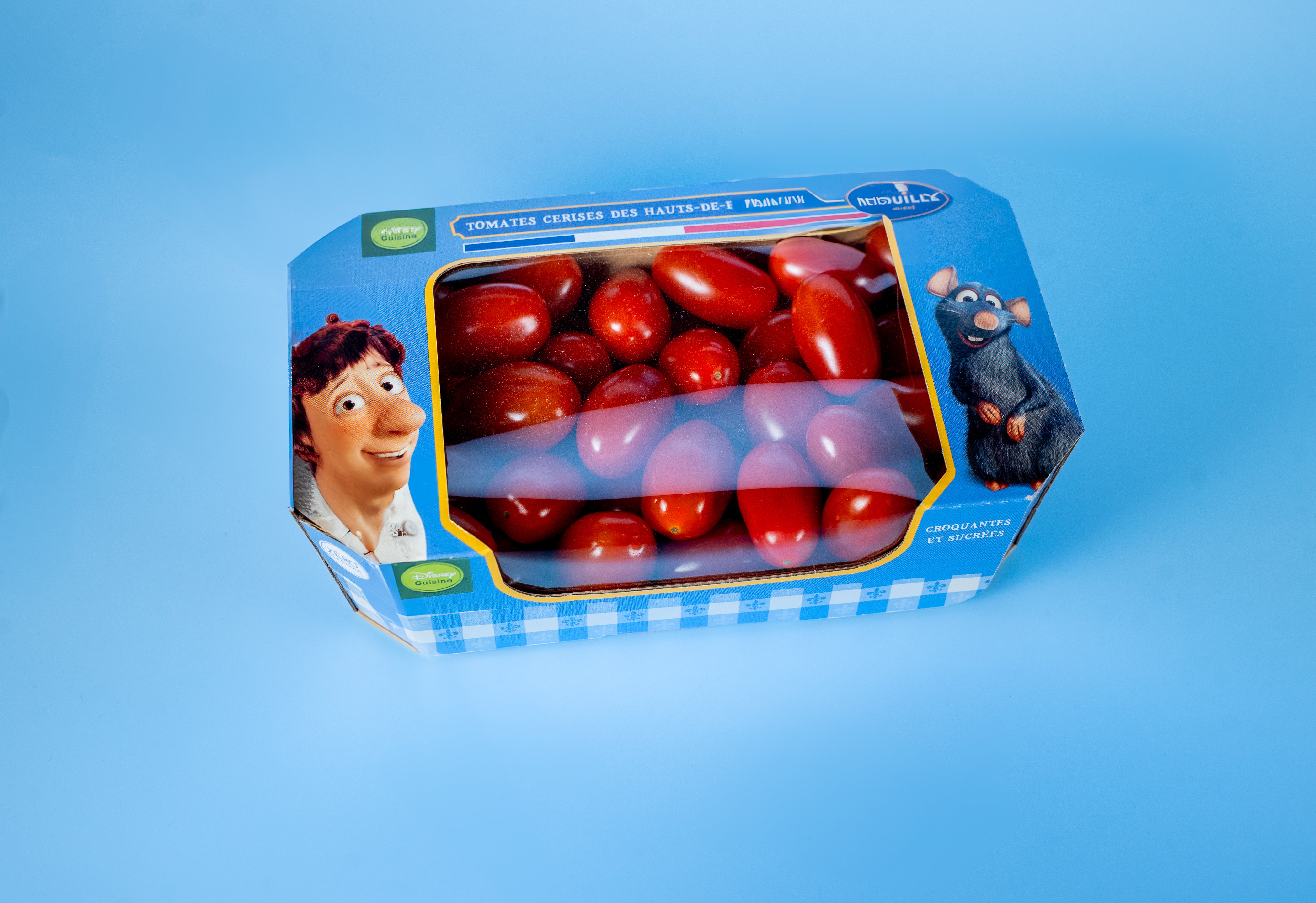 Vue de face barquette personnalisée MARCOJEA thème ratatouille pour tomates cerises.