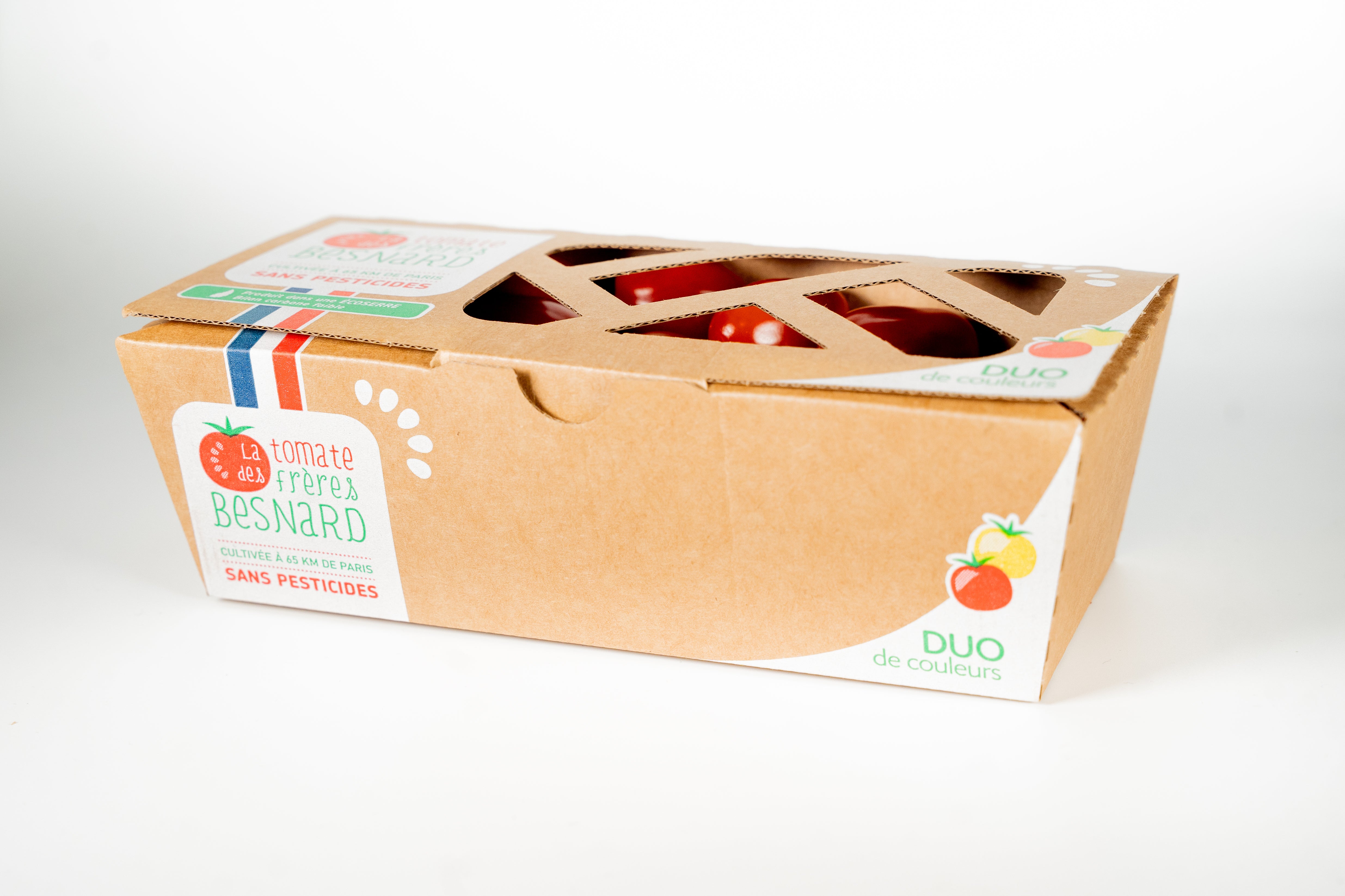 Barquette en carton personnalisée pour "la tomate des frères besnard", fabriquée par Marcojea.