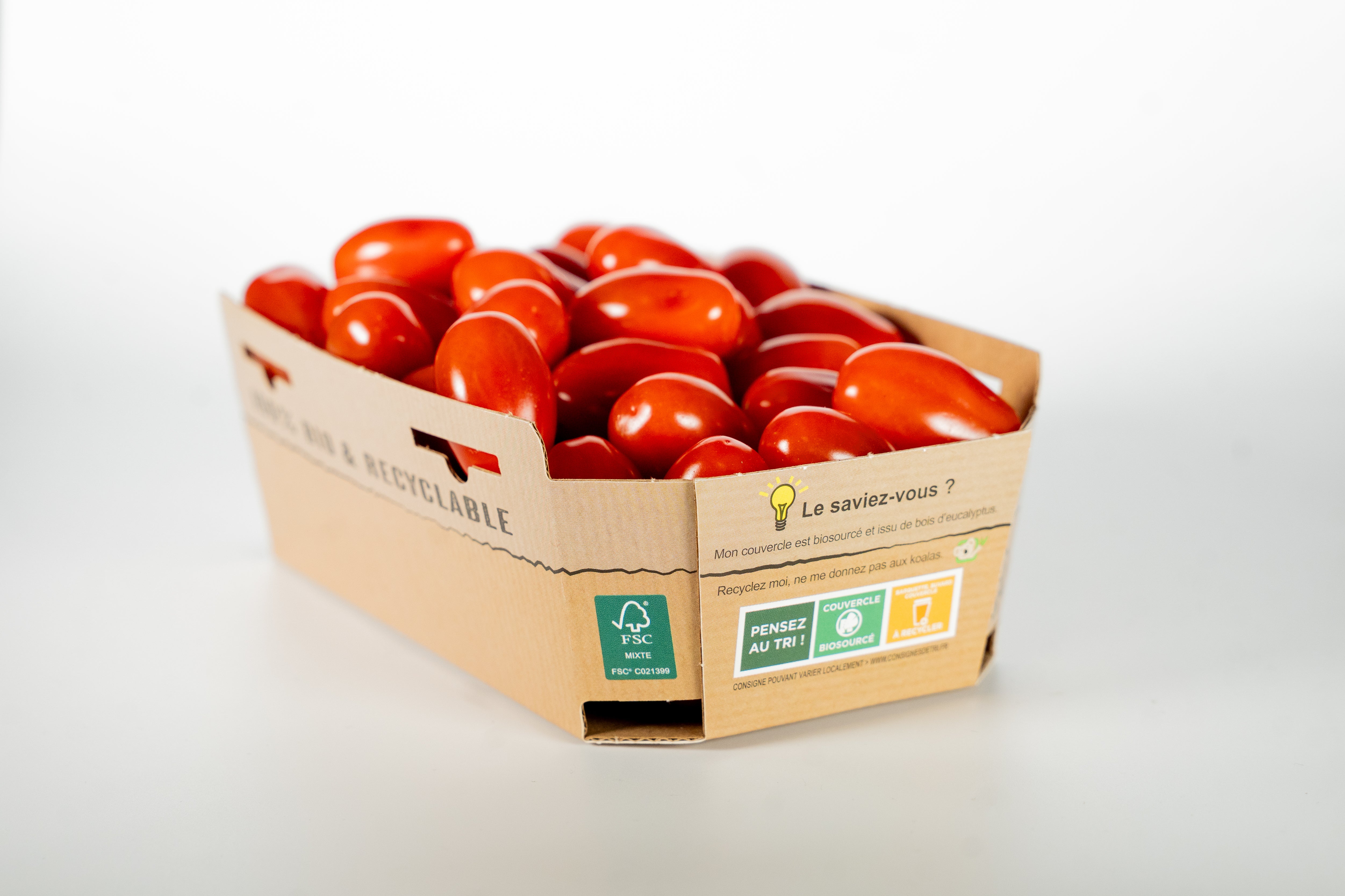 Vue de profil barquette MARCOJEA en carton 100% bio et recyclable.
